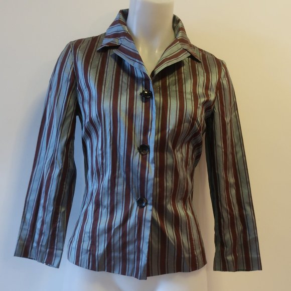 WOMENS ALBERTO BIANI BLUE BROWN STRIPED SILK BLOUSE TOP 44 US/M * - Picture 3 of 11